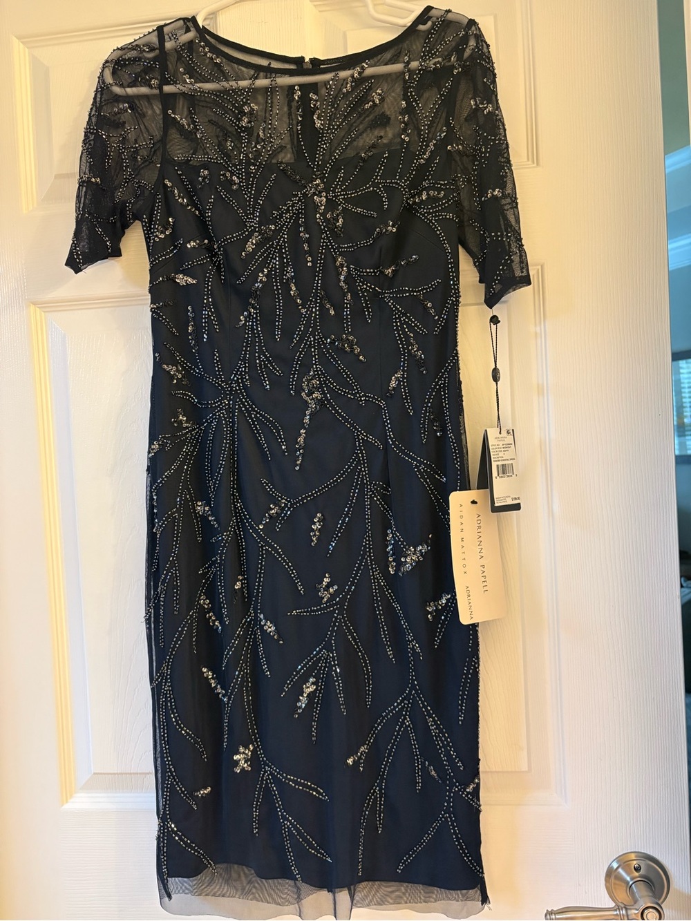 Adrianna Papell Navy Beaded Midi Dress with Sheer Yoke